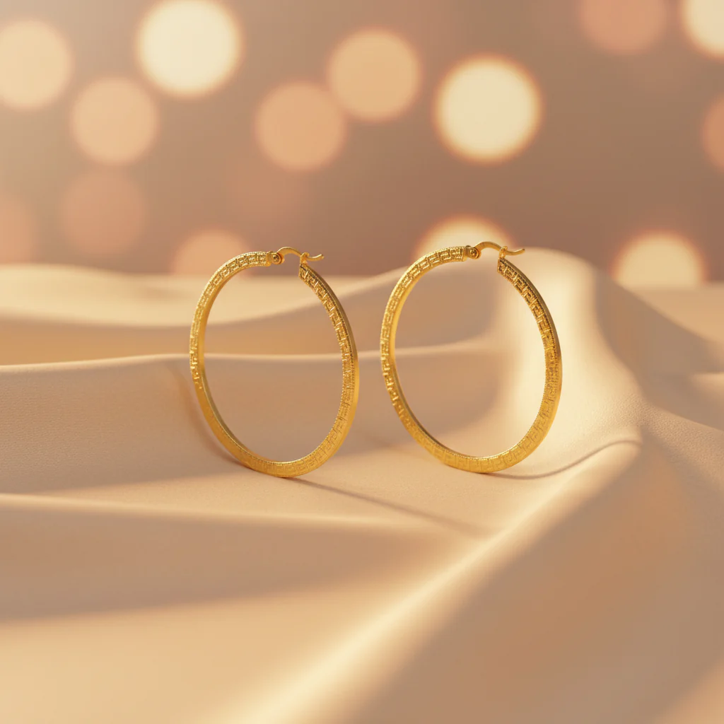 GER123. 14K Solid Gold Hollow Hoop with Engraving - Image 5