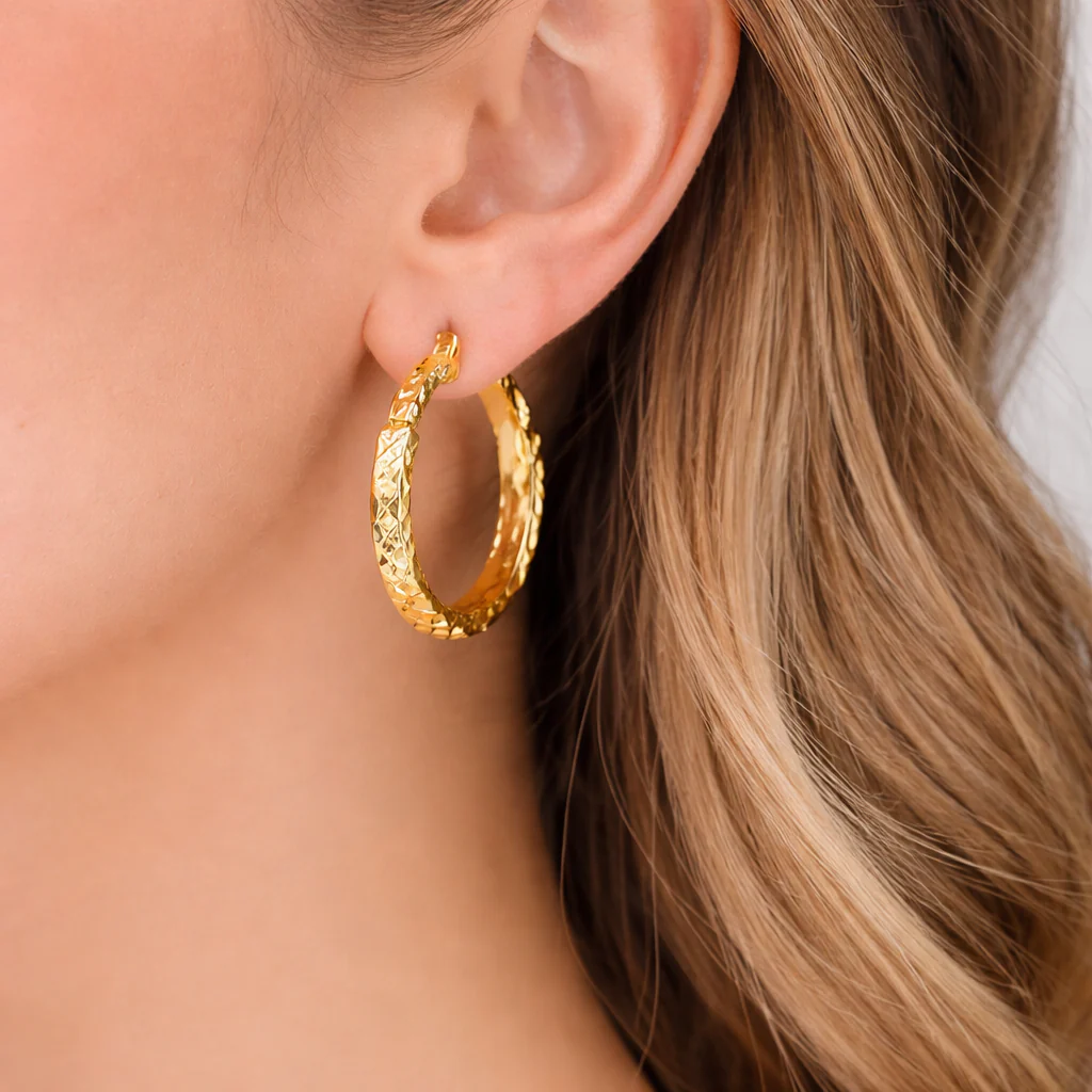 GER166. 14K Gold Hollow Flat Diamond Cut Hoop