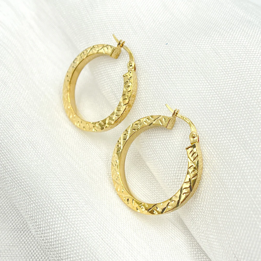 GER166. 14K Gold Hollow Flat Diamond Cut Hoop - Image 2