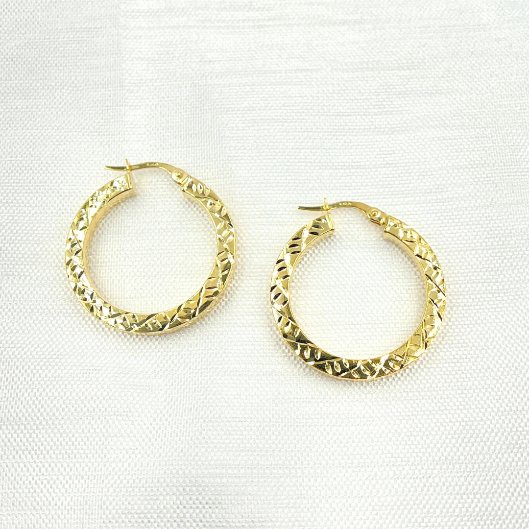 GER166. 14K Gold Hollow Flat Diamond Cut Hoop - Image 4