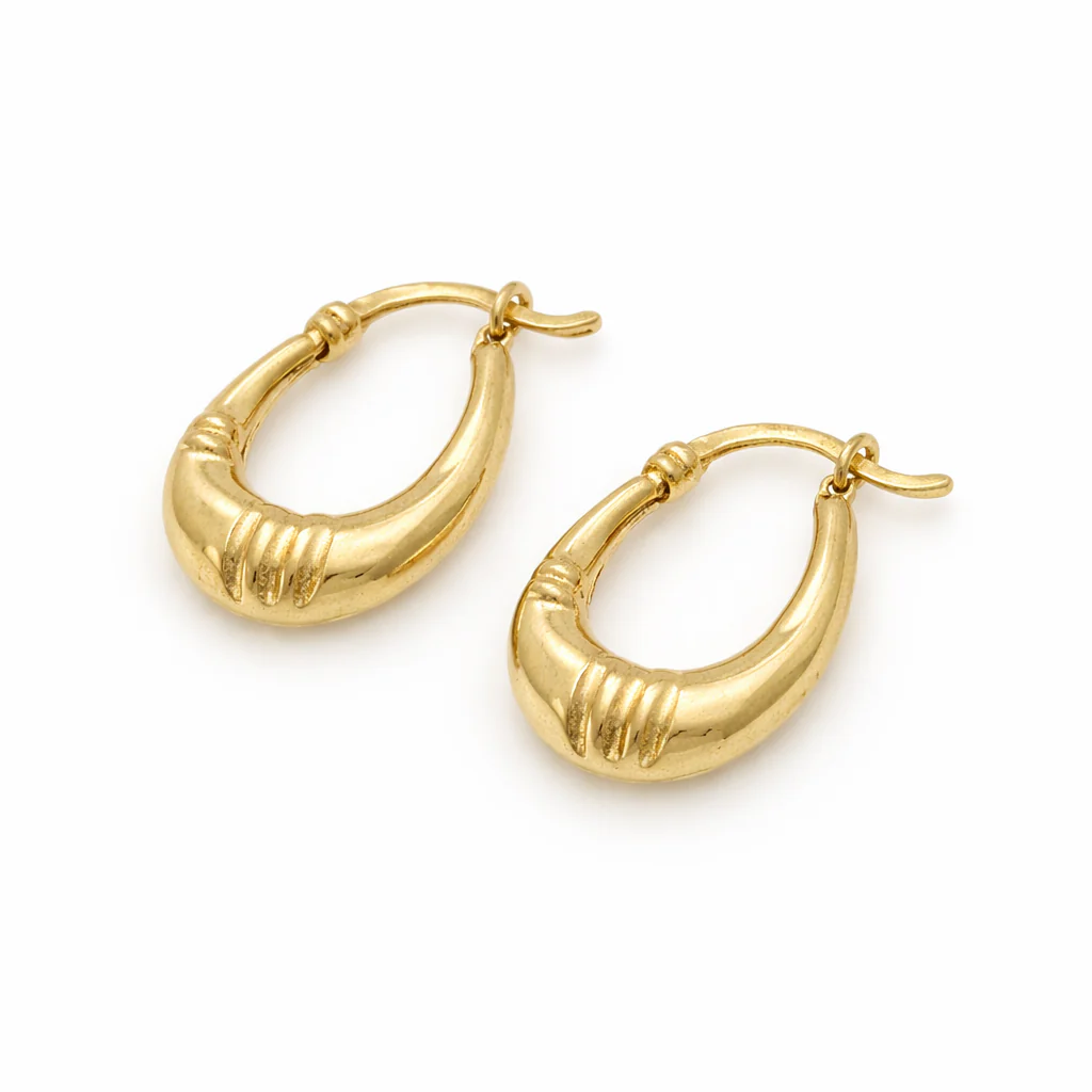 GER179. 14K Solid Gold Textured Hollow Hoops Earrings
