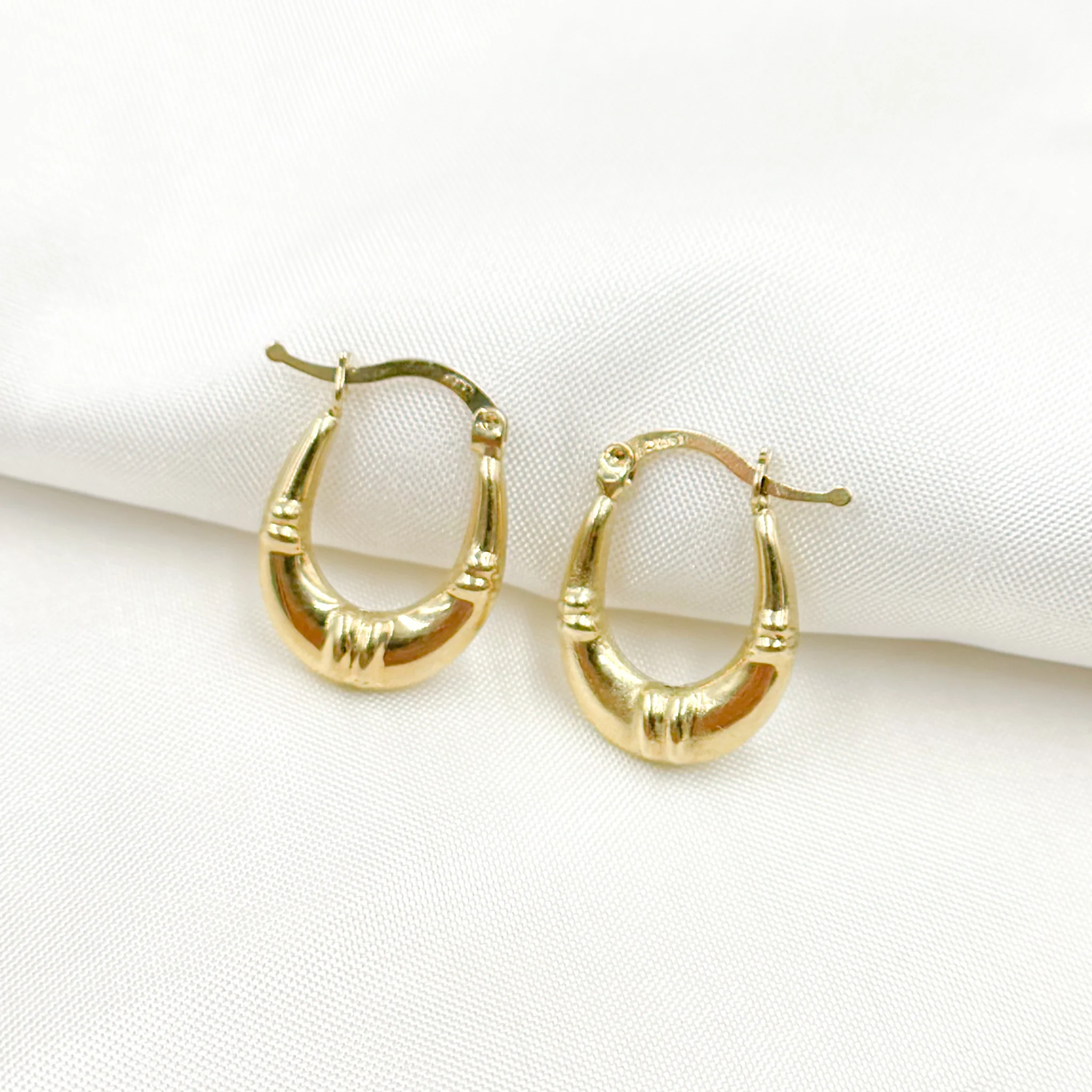 GER179. 14K Solid Gold Textured Hollow Hoops Earrings - Image 4