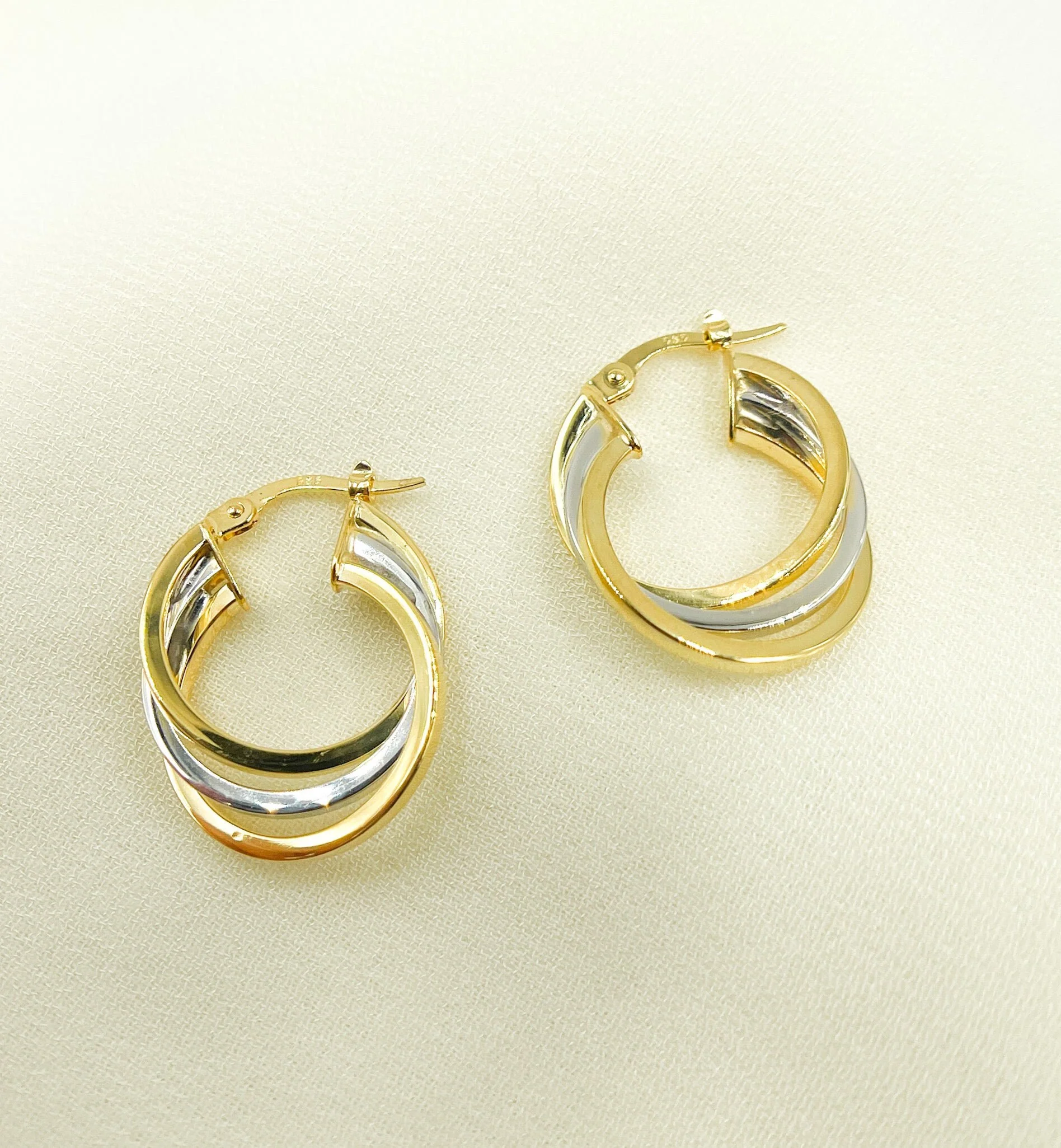 GER19. 14K Two-Tone Gold Hollow Hoop Earrings - Image 3