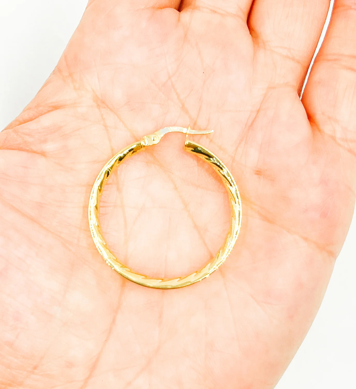 GER2. 14K Solid Gold Textured Hollow Hoops Earrings - Image 4