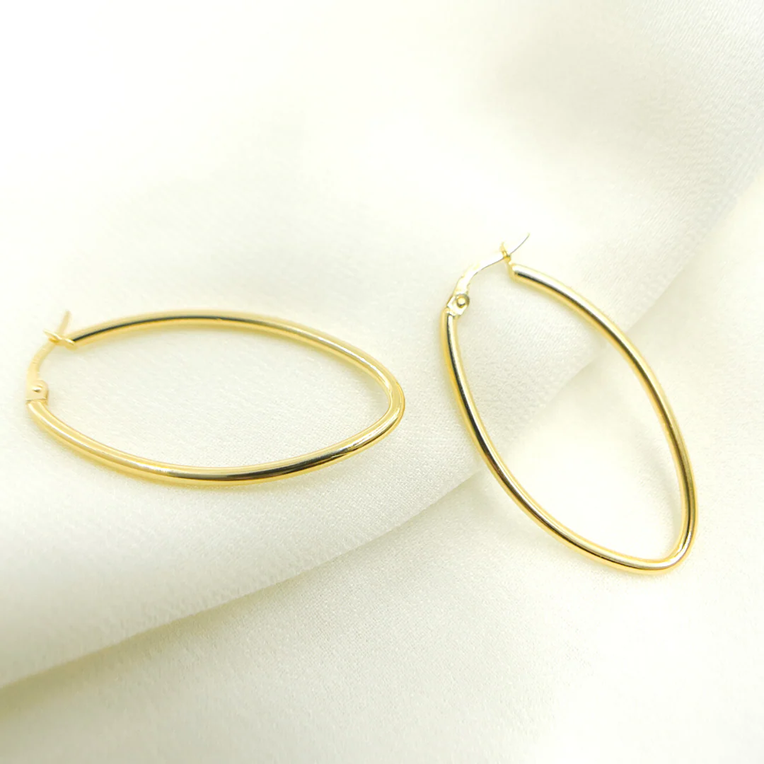 GER53. 14K Solid Gold Oval Shape Hollow Hoop Earrings - Image 5