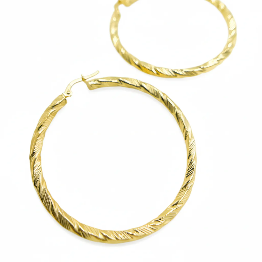 GER54. 14K Solid Gold Twist Round Hollow Hoop Earrings - Image 2