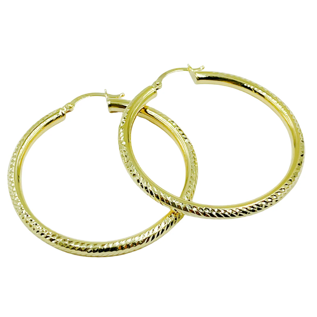GER58. 14K Gold Hoop Earrings with Engraved Tornado Design - Image 5