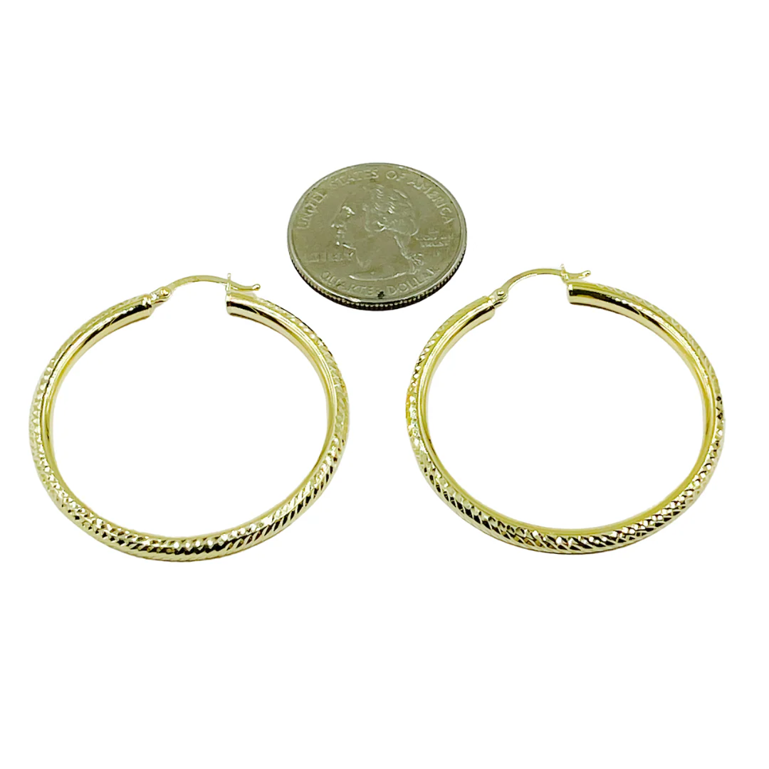 GER58. 14K Gold Hoop Earrings with Engraved Tornado Design - Image 6