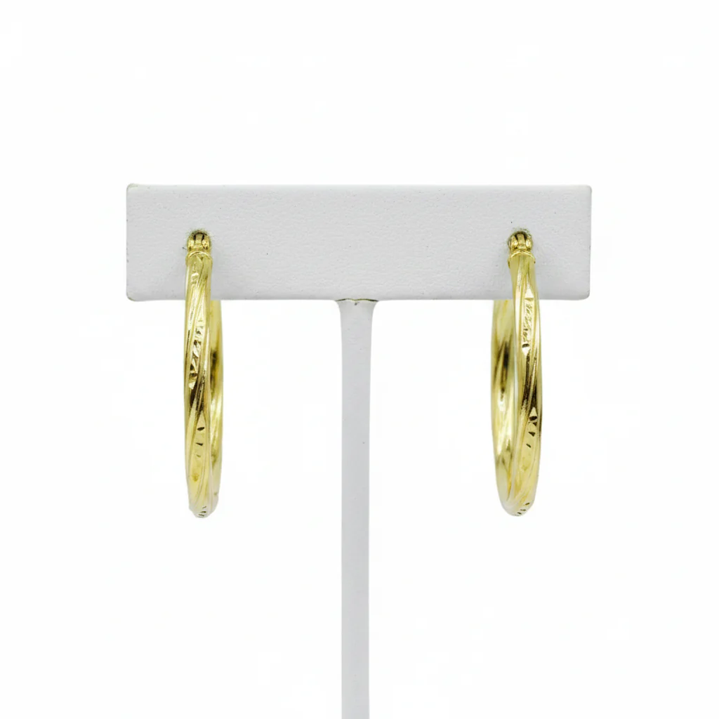 GER60. 14K Solid Gold Engraved Tornado Hollow Hoop Earrings