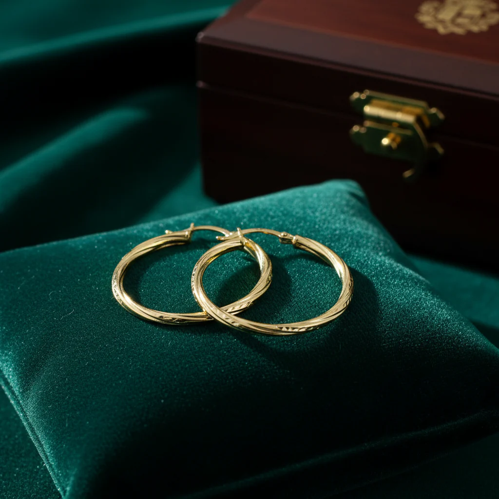 GER60. 14K Solid Gold Engraved Tornado Hollow Hoop Earrings - Image 2
