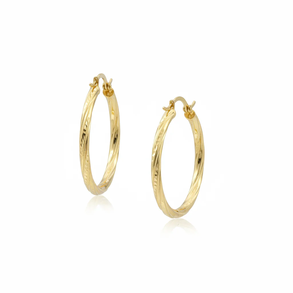 GER60. 14K Solid Gold Engraved Tornado Hollow Hoop Earrings - Image 3