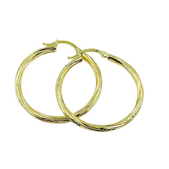 GER60. 14K Solid Gold Engraved Tornado Hollow Hoop Earrings - Image 4