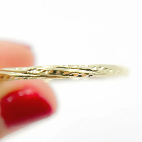 GER60. 14K Solid Gold Engraved Tornado Hollow Hoop Earrings - Image 6