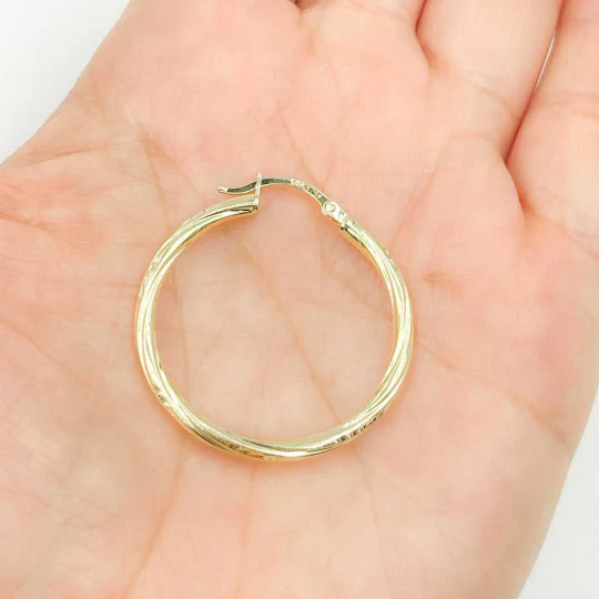 GER60. 14K Solid Gold Engraved Tornado Hollow Hoop Earrings - Image 7