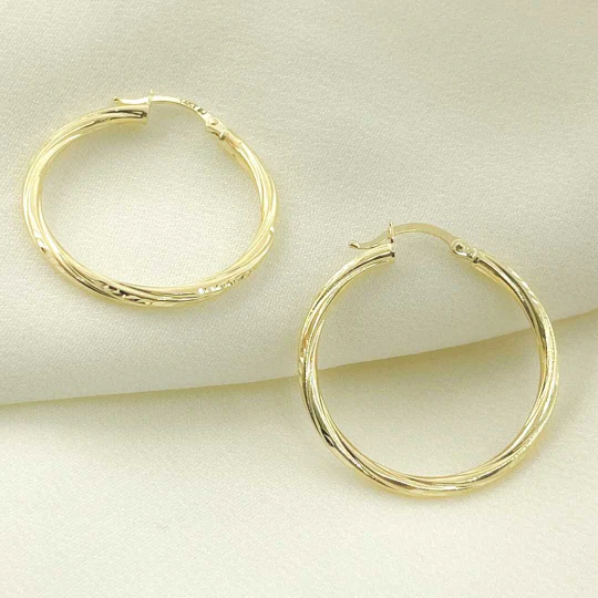 GER60. 14K Solid Gold Engraved Tornado Hollow Hoop Earrings - Image 8