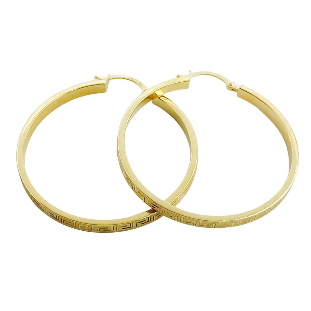 GER63. 14K Solid Gold Textured Flat Hollow Round Hoop Earrings - Image 3