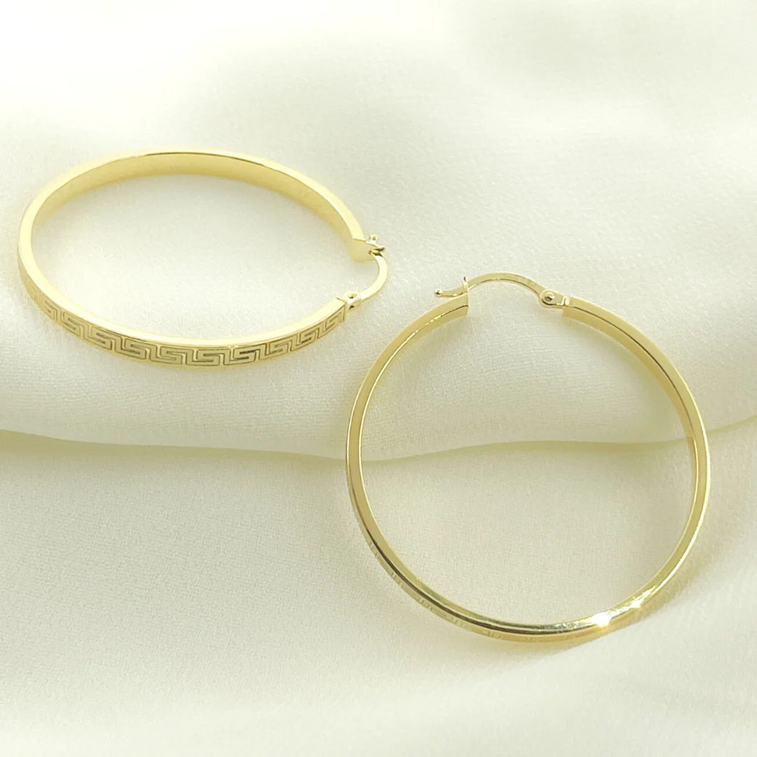 GER63. 14K Solid Gold Textured Flat Hollow Round Hoop Earrings - Image 5