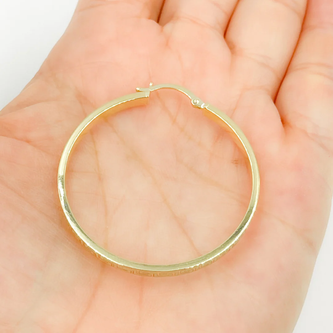GER63. 14K Solid Gold Textured Flat Hollow Round Hoop Earrings - Image 6