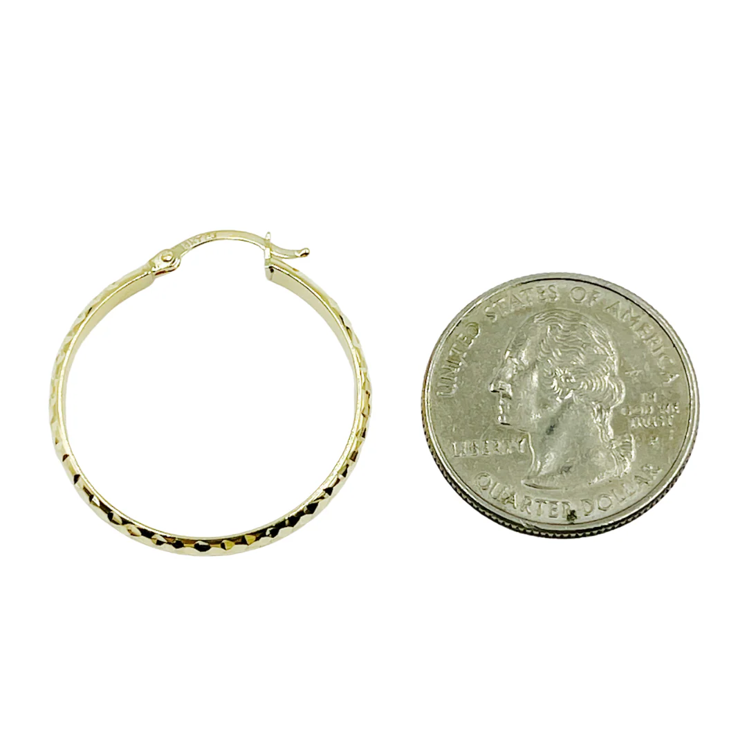 GER64. 14K Gold Diamond Cut Hollow Hoop Earrings - Image 6