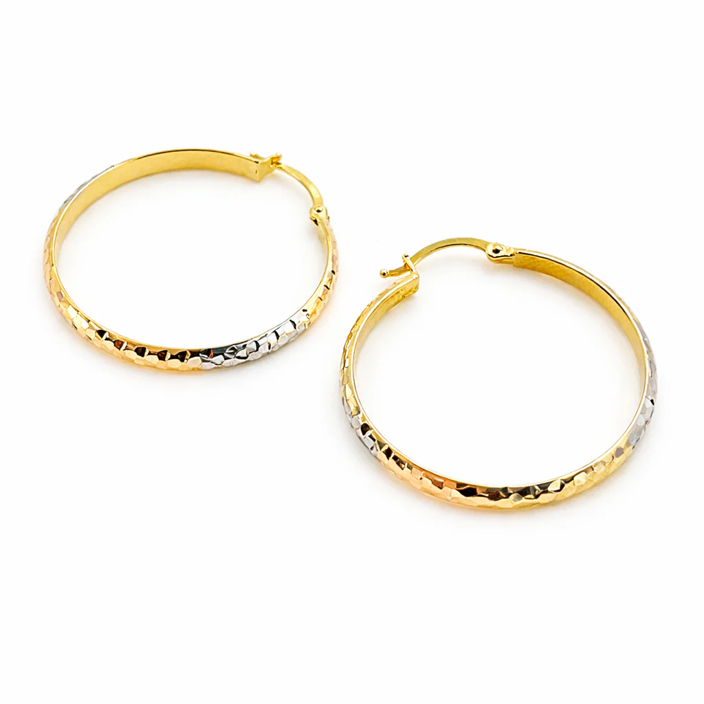 GER65. 14K Gold Tri-Color Hoop Earrings with Engraved Tornado Design - Image 3