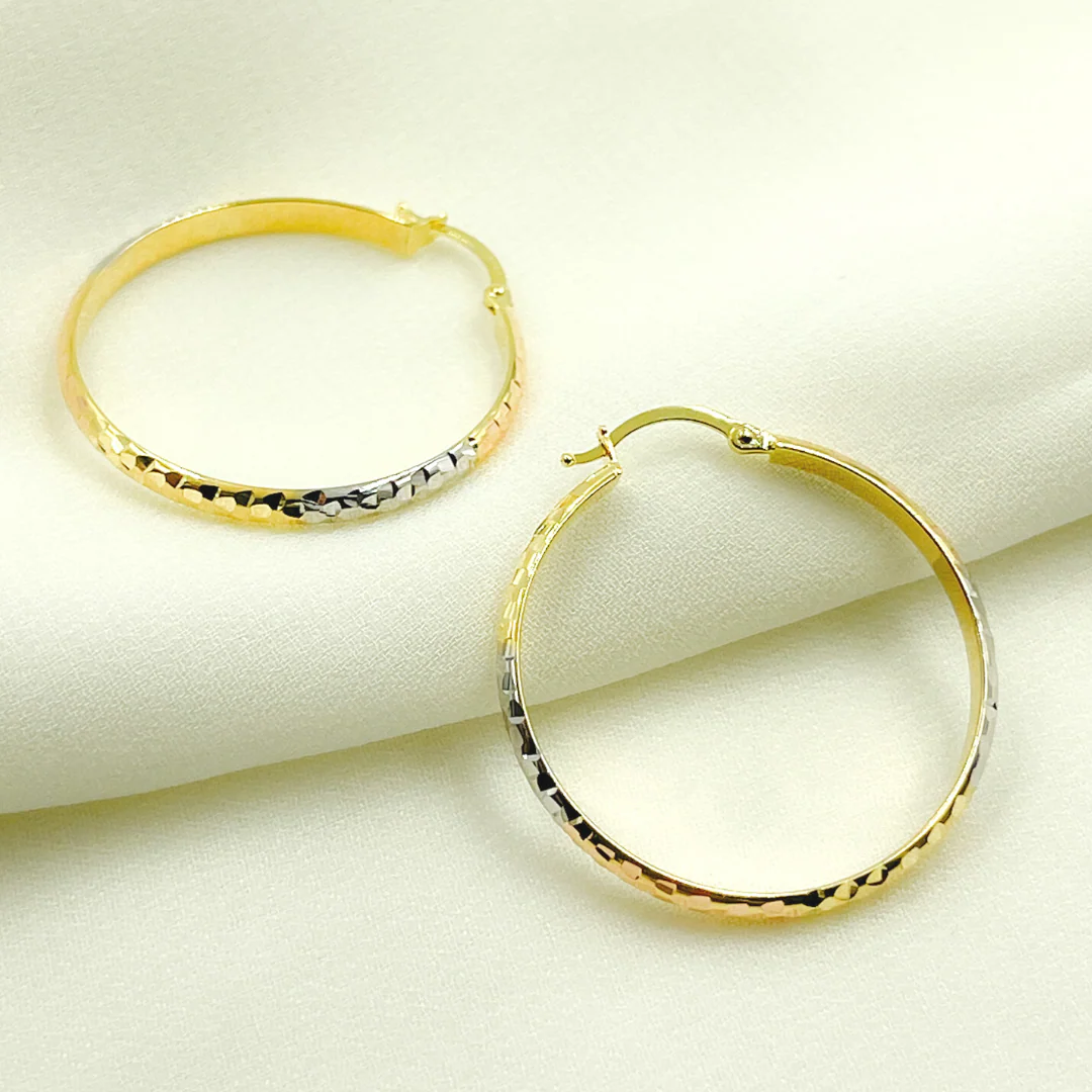 GER65. 14K Gold Tri-Color Hoop Earrings with Engraved Tornado Design - Image 4