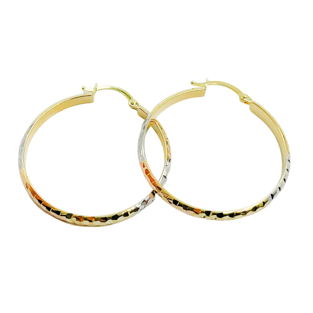 GER65. 14K Gold Tri-Color Hoop Earrings with Engraved Tornado Design - Image 6