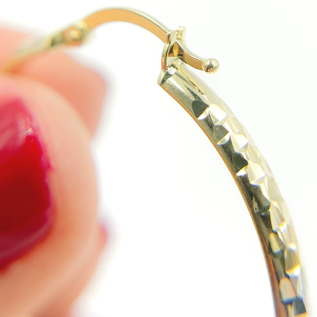 GER65. 14K Gold Tri-Color Hoop Earrings with Engraved Tornado Design - Image 7