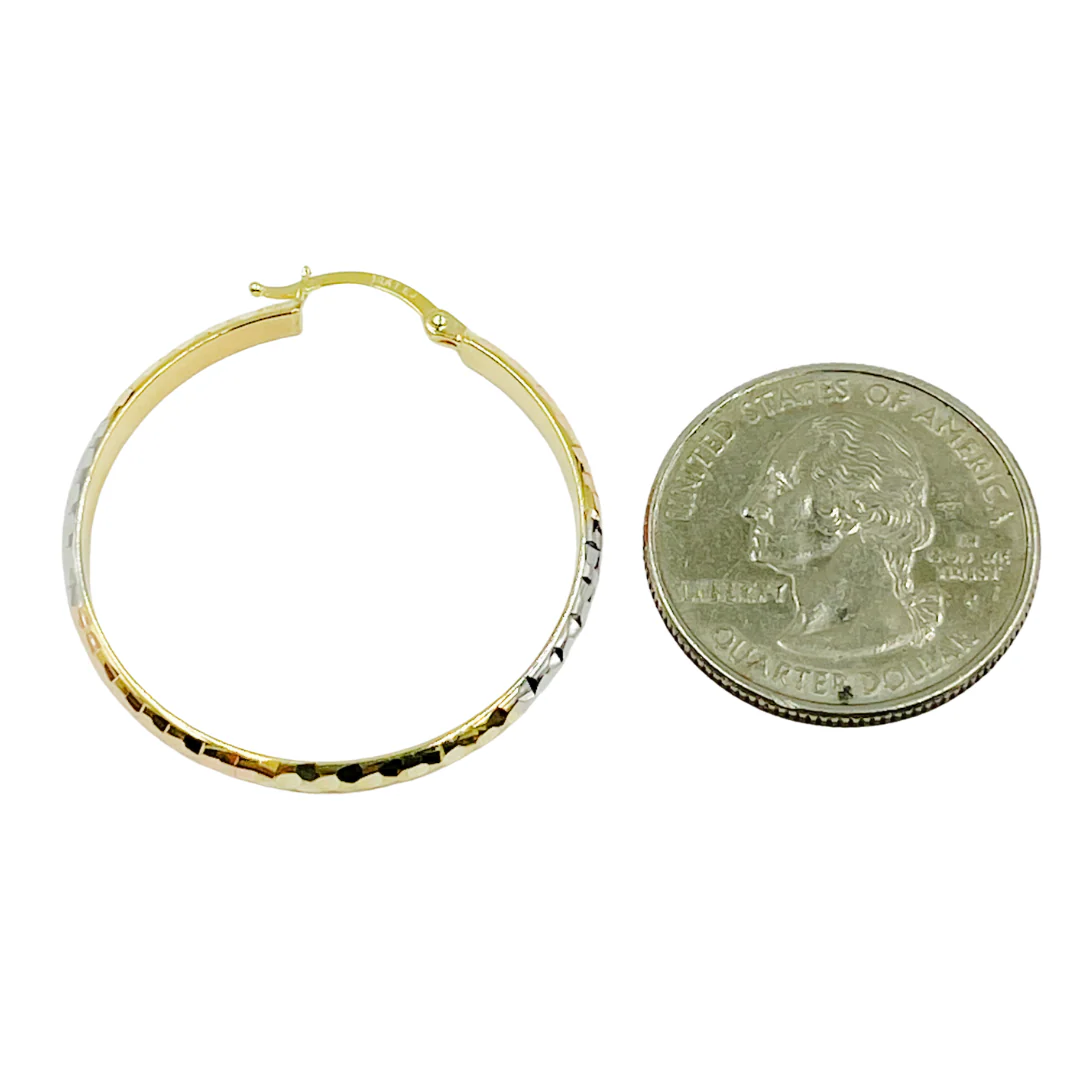 GER65. 14K Gold Tri-Color Hoop Earrings with Engraved Tornado Design - Image 8