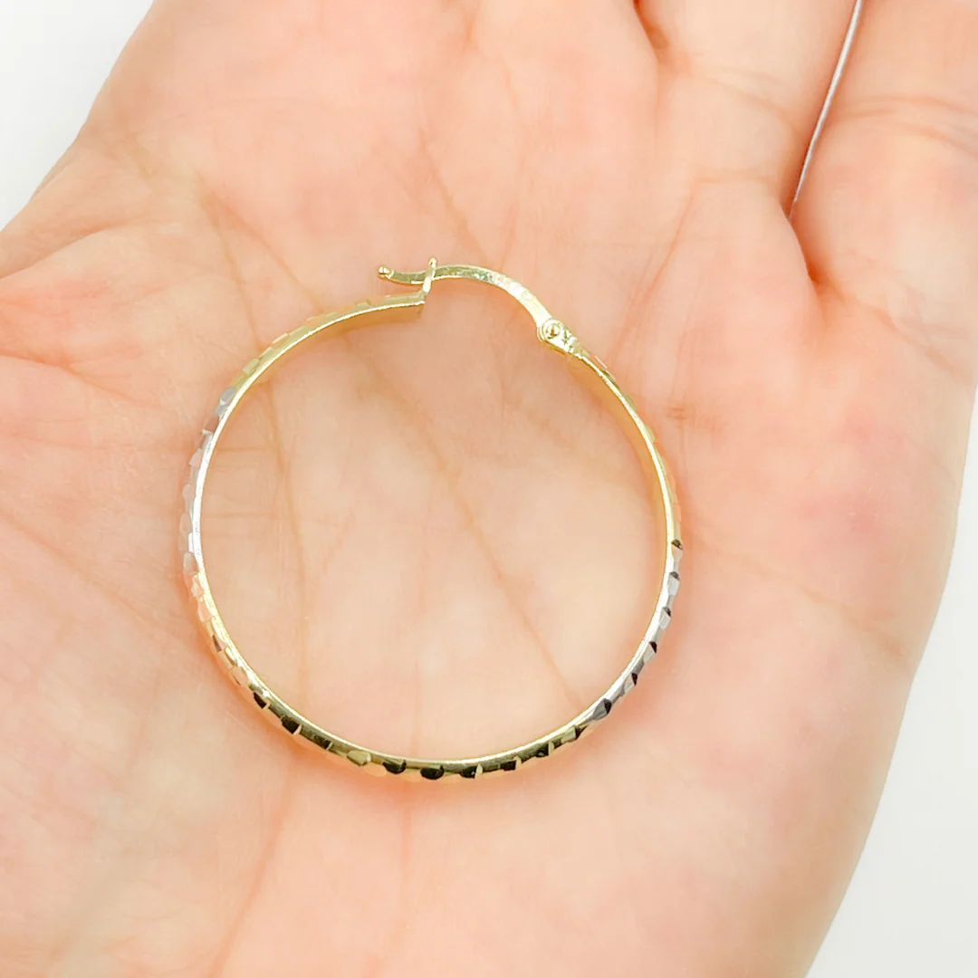 GER65. 14K Gold Tri-Color Hoop Earrings with Engraved Tornado Design - Image 9