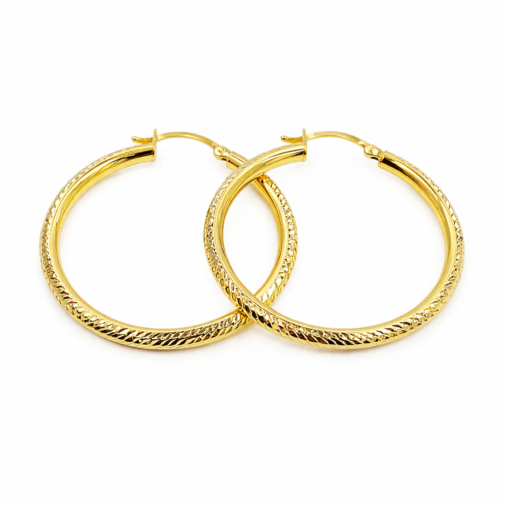 GER67. 14K Gold Hollow Hoop Earrings with Engraved Tornado Design - Image 4