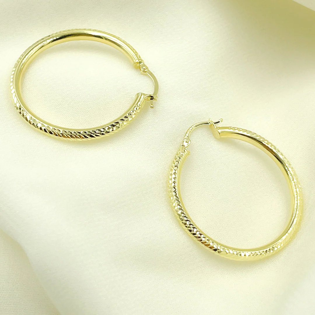 GER67. 14K Gold Hollow Hoop Earrings with Engraved Tornado Design - Image 5