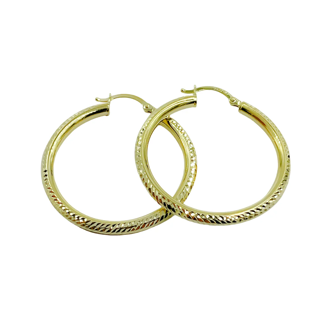 GER67. 14K Gold Hollow Hoop Earrings with Engraved Tornado Design - Image 7