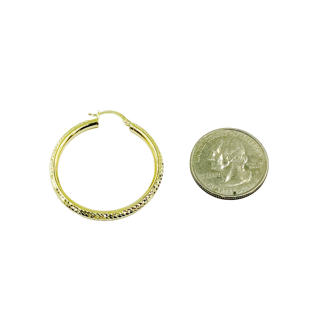GER67. 14K Gold Hollow Hoop Earrings with Engraved Tornado Design - Image 8