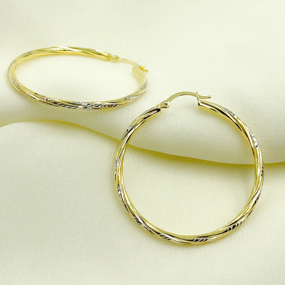 GER71. 14K Gold Hollow Hoop Earrings with Engraved Tornado Design - Image 5