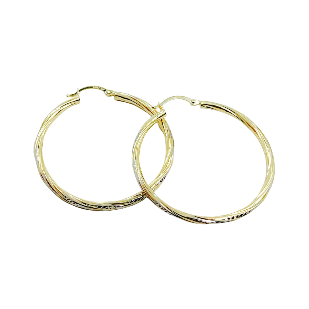 GER71. 14K Gold Hollow Hoop Earrings with Engraved Tornado Design - Image 7