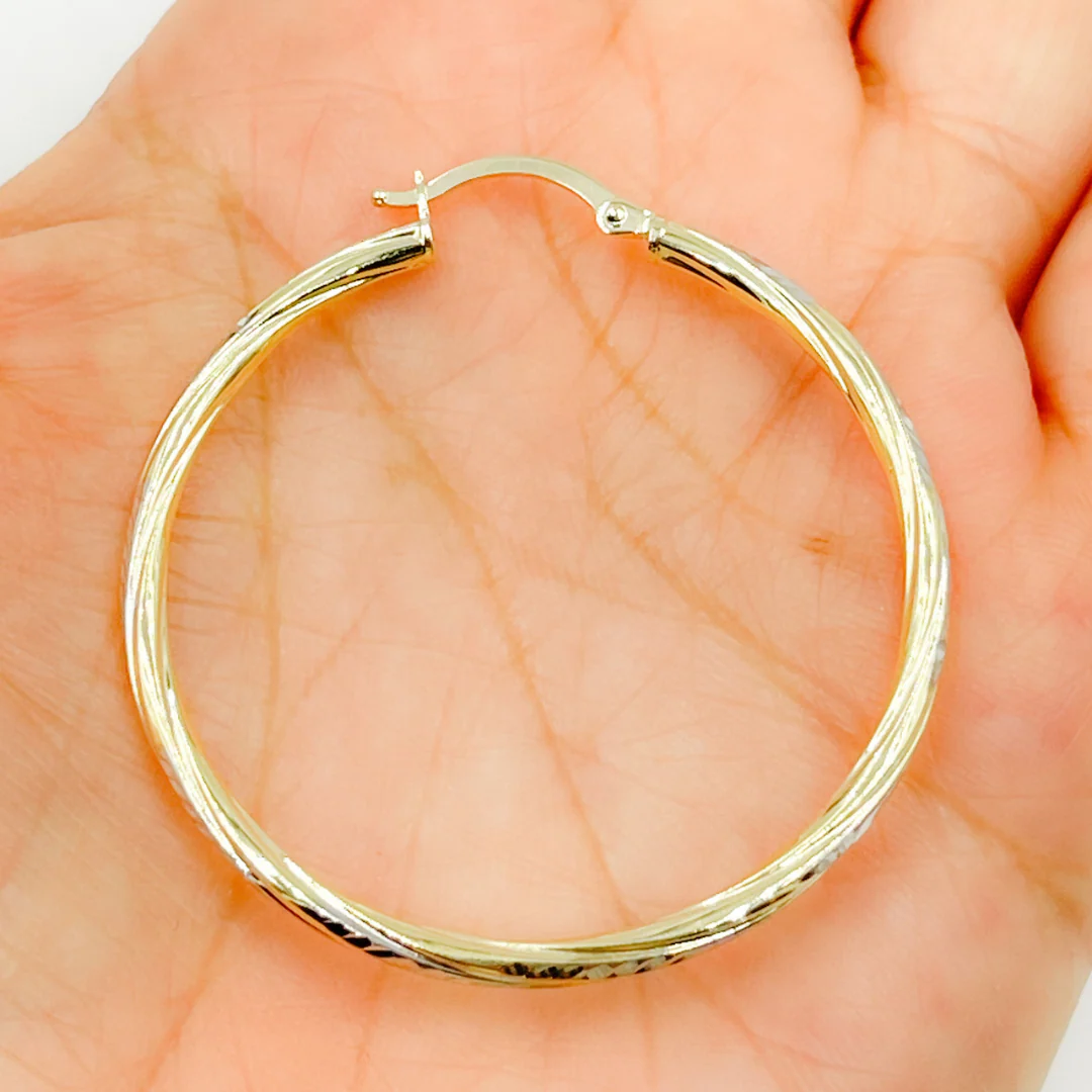 GER71. 14K Gold Hollow Hoop Earrings with Engraved Tornado Design - Image 8