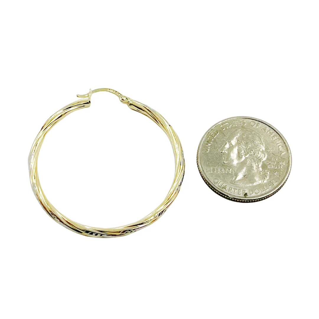 GER71. 14K Gold Hollow Hoop Earrings with Engraved Tornado Design - Image 9