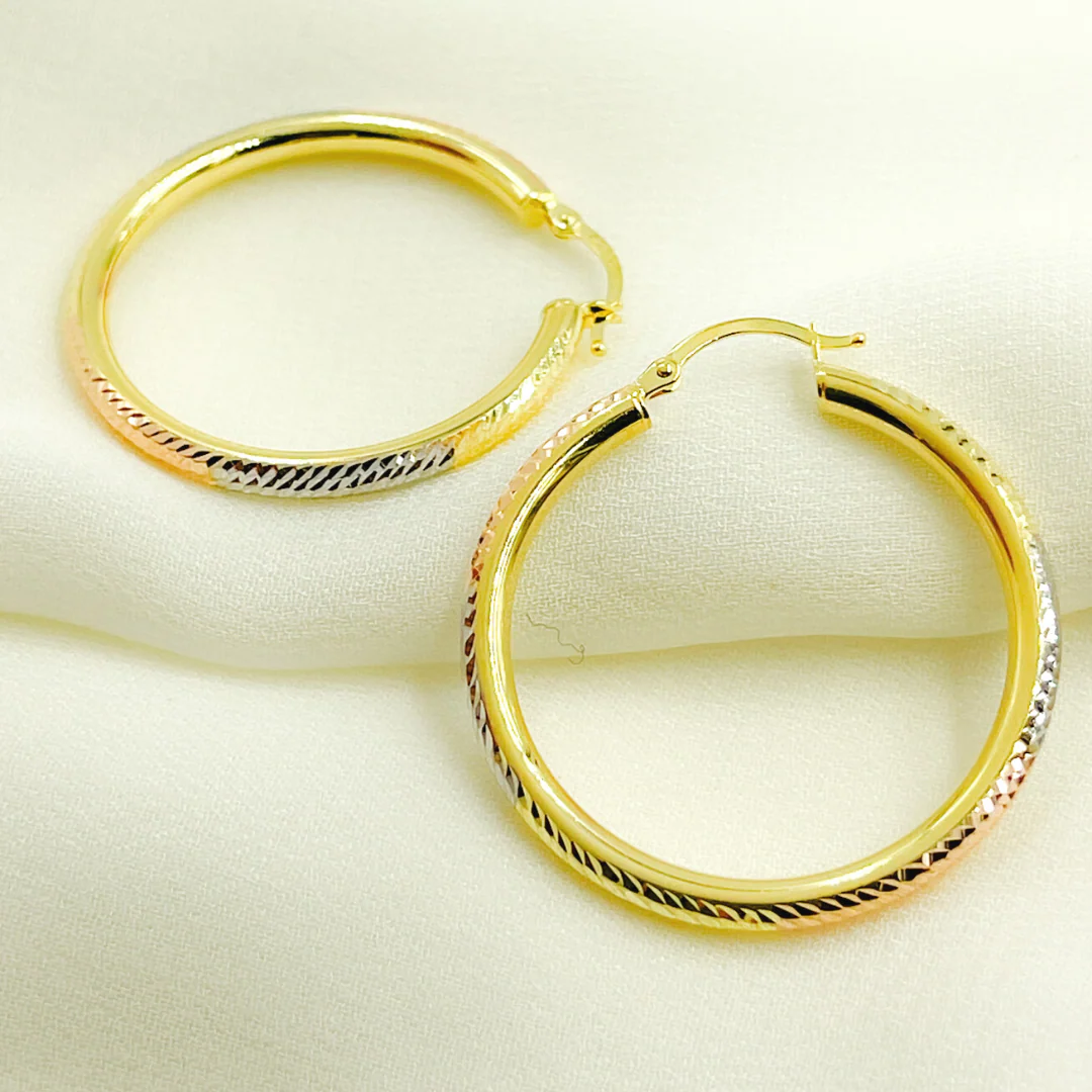 GER72. 14K Gold Tri-Color Hollow Hoop Earrings with Engraved Tornado Design - Image 3