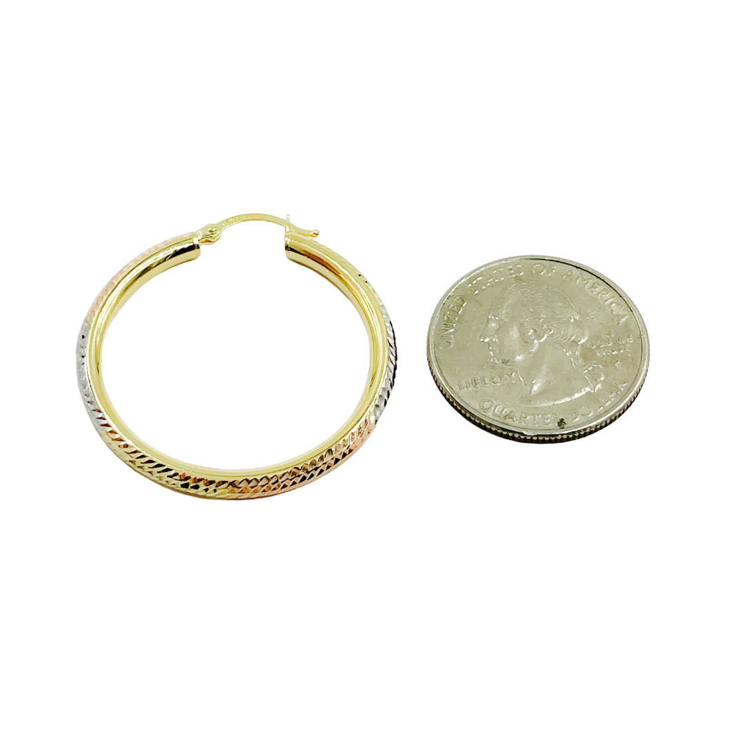 GER72. 14K Gold Tri-Color Hollow Hoop Earrings with Engraved Tornado Design - Image 5