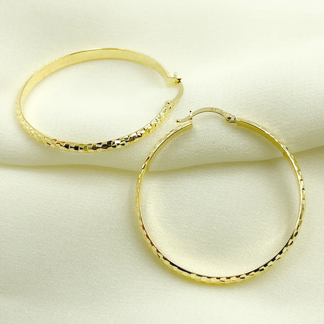 GER73. 14K Gold Diamond Cut Hollow Hoop Earrings - Image 3