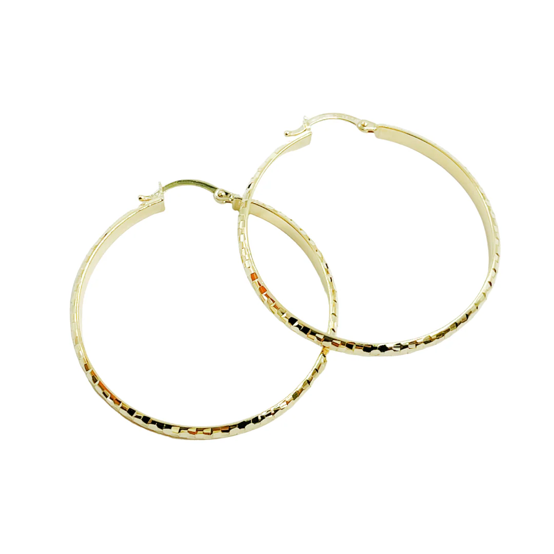 GER73. 14K Gold Diamond Cut Hollow Hoop Earrings - Image 4