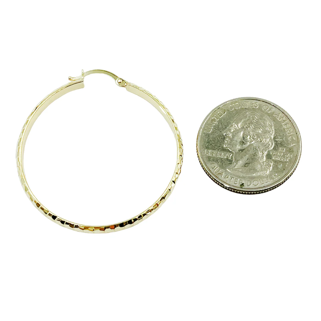 GER73. 14K Gold Diamond Cut Hollow Hoop Earrings - Image 5