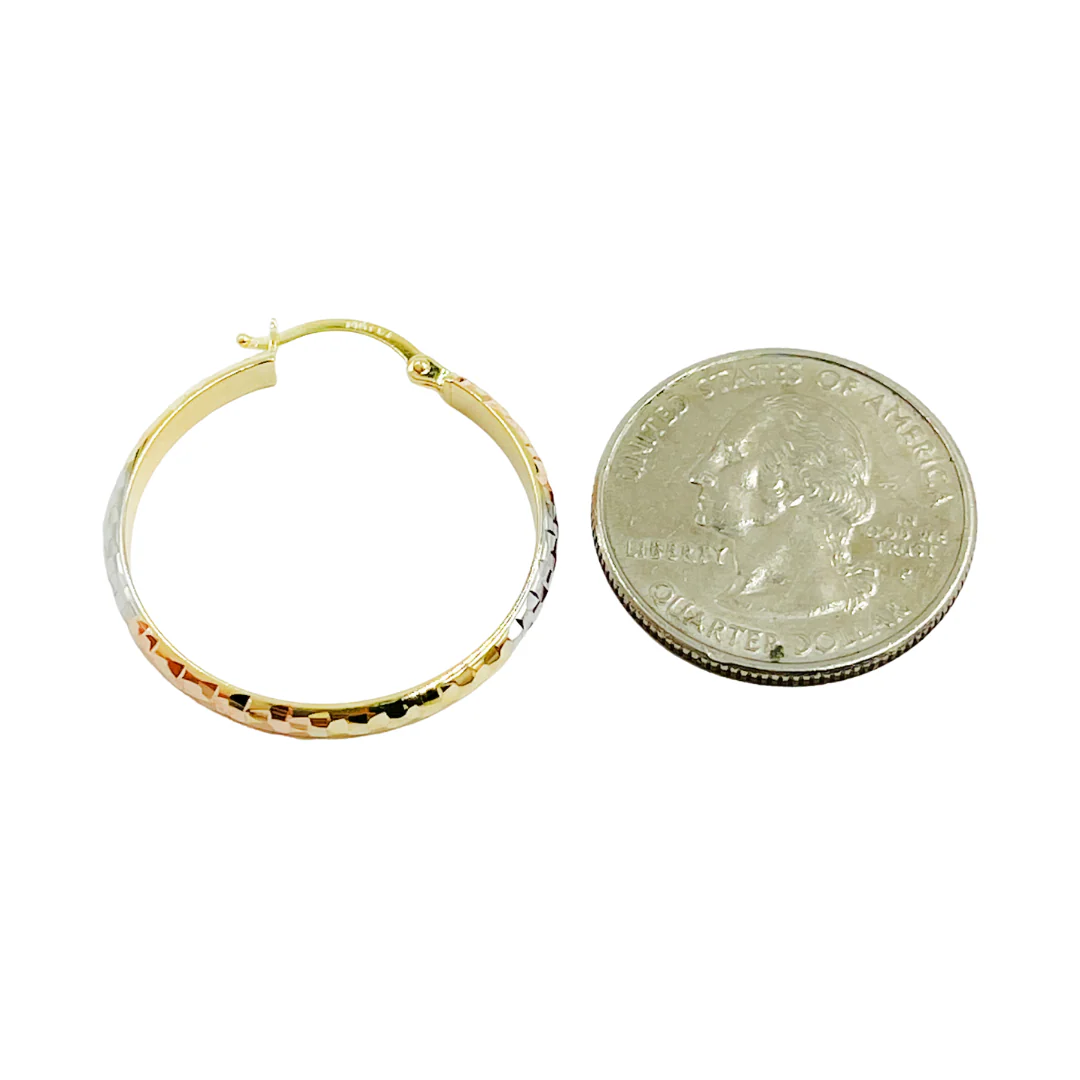 GER75. 14K Gold Diamond Cut Tri-Color Hollow Hoop Earrings - Image 3