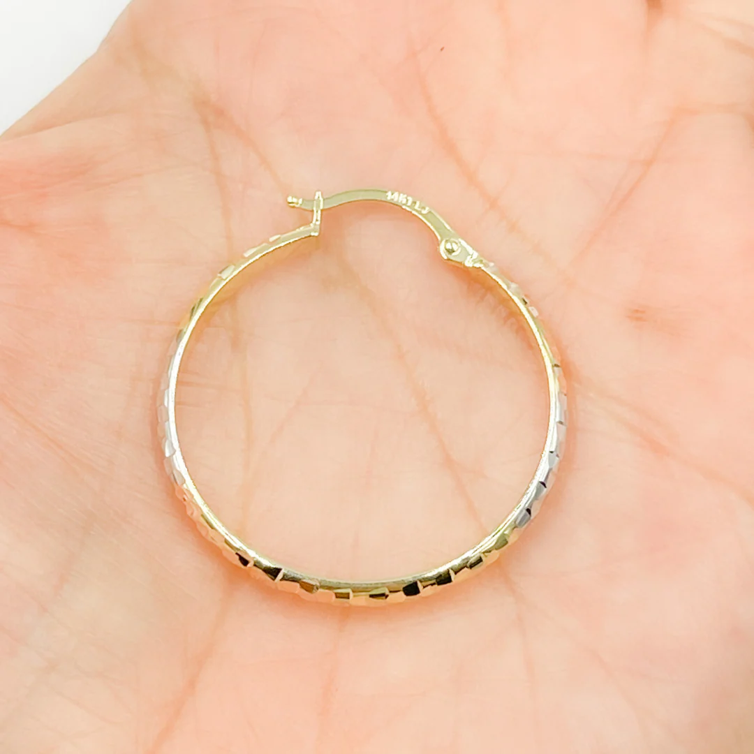 GER75. 14K Gold Diamond Cut Tri-Color Hollow Hoop Earrings - Image 6