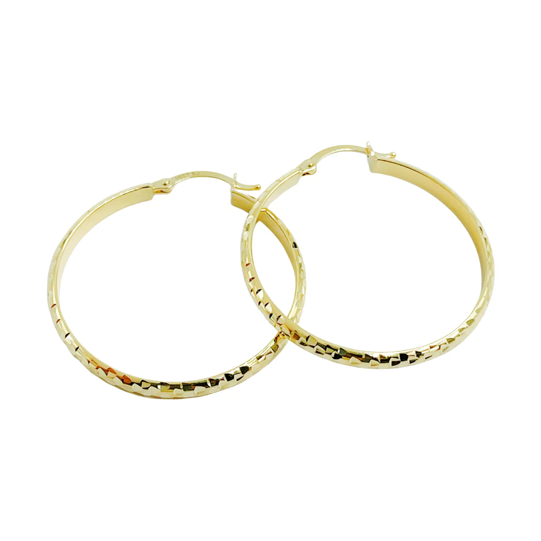 GER76. 14K Gold Diamond Cut Hollow Hoop Earrings - Image 5