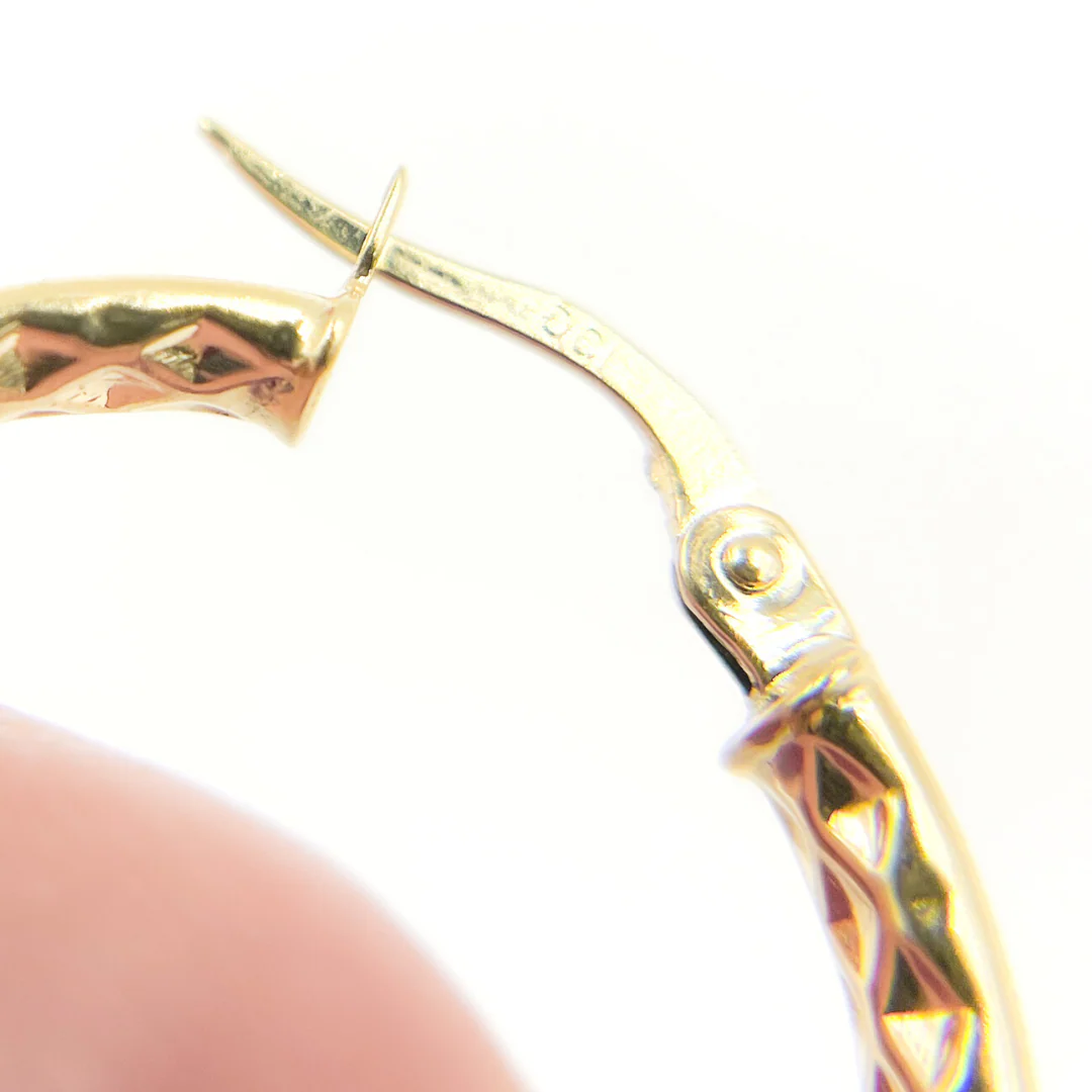 GER89. 14K Gold Diamond Cut Hollow Hoop Earrings with Texture - Image 10
