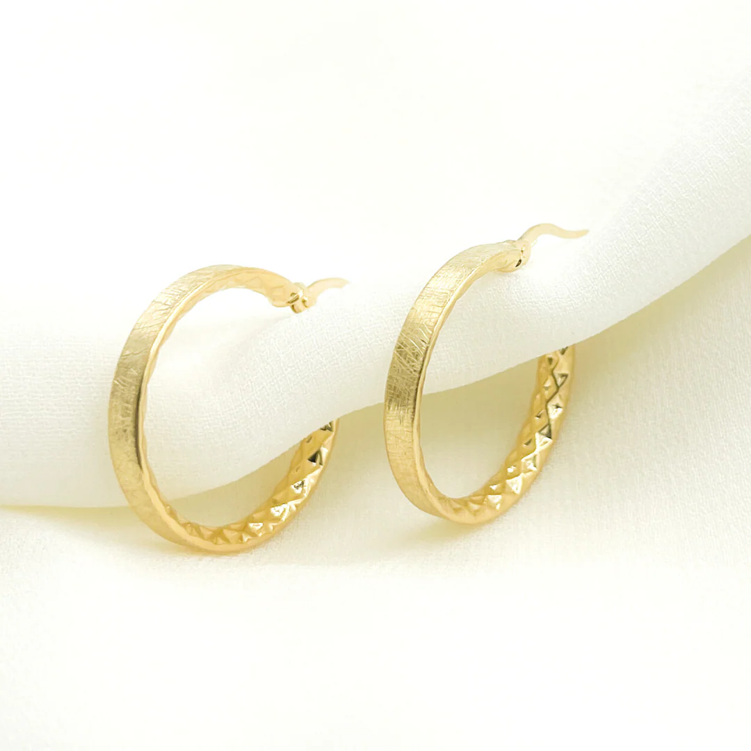 GER89. 14K Gold Diamond Cut Hollow Hoop Earrings with Texture - Image 3