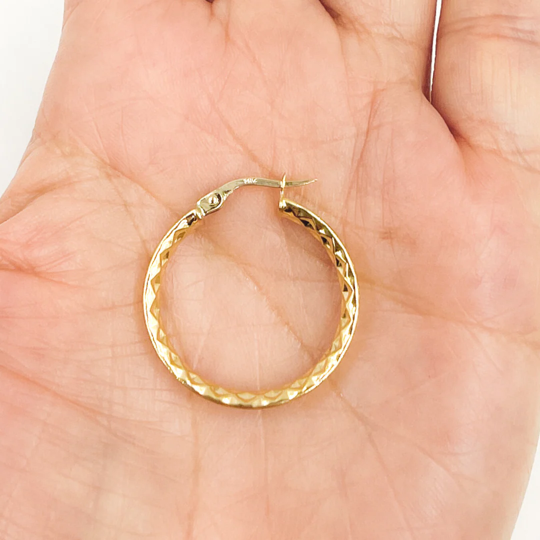 GER89. 14K Gold Diamond Cut Hollow Hoop Earrings with Texture - Image 4