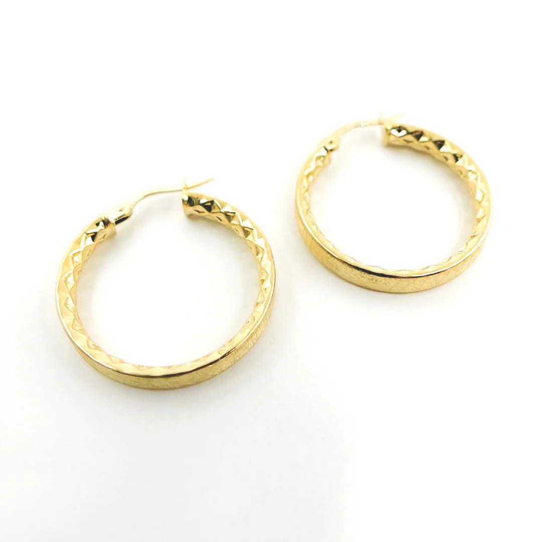 GER89. 14K Gold Diamond Cut Hollow Hoop Earrings with Texture - Image 5