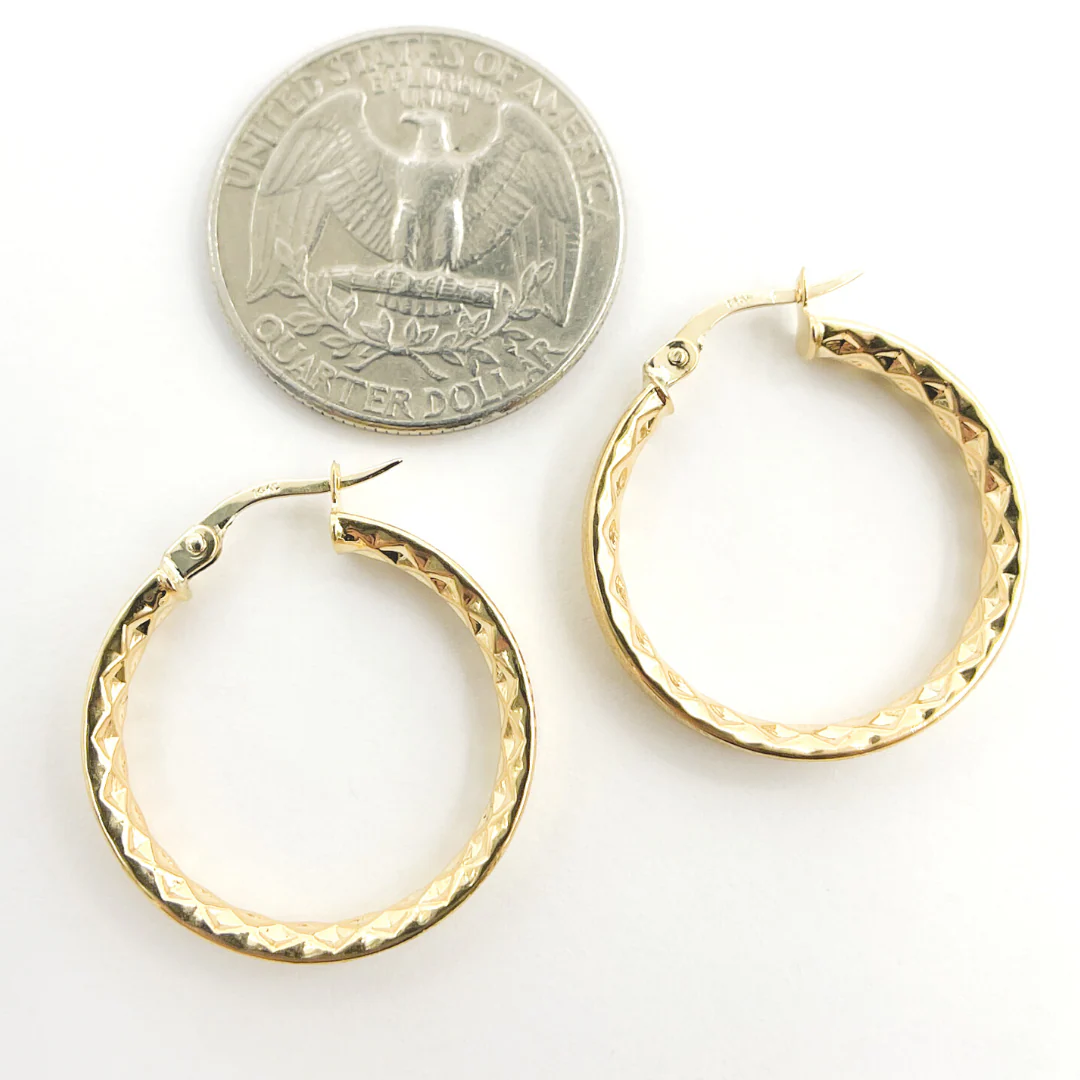 GER89. 14K Gold Diamond Cut Hollow Hoop Earrings with Texture - Image 6